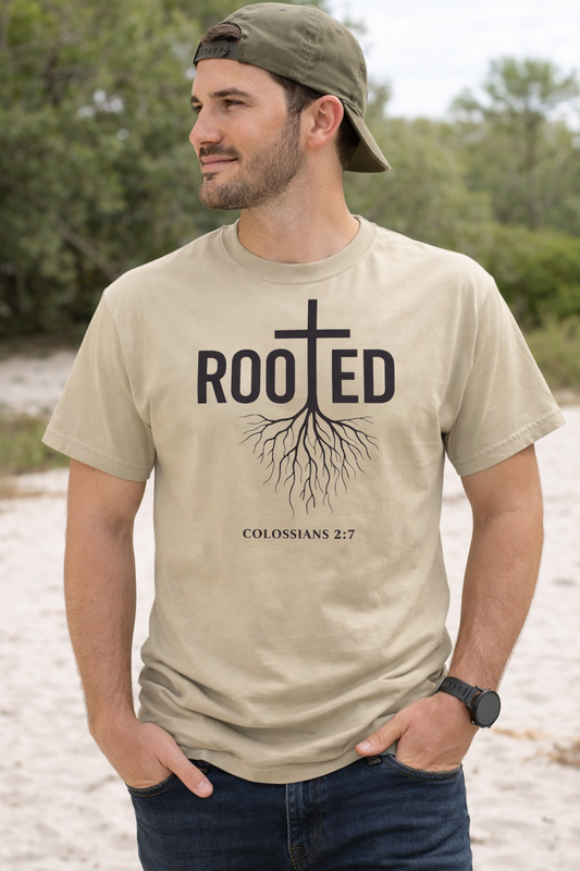 Rooted in Christ Tee | Colossians 2:7 Christian Shirt Light Shirt