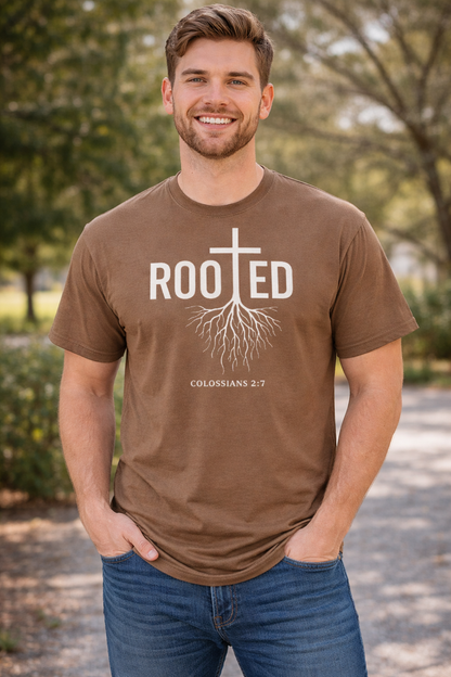 Rooted in Christ Tee | Colossians 2:7 Christian Shirt