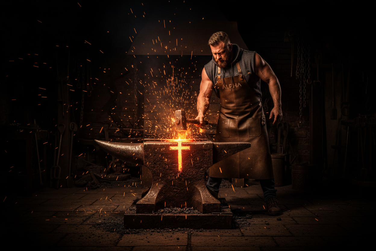 cinematic blacksmith forge scene, glowing steel anvil with cross shape forged into hot metal, sparks flying in slow motion, dramatic low light, warm organge embers against deep black shadows, strong masculine faith aesthetic, realistic photography, ultra high detail, wide horizontal hero banner composition, premium christian streetwear brand style, moody and powerful